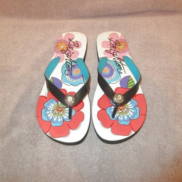 Brighton Flower Power Flip Flops Sandals Size 9 Thong Slip On Mod Groovy Retro - Picture 2 of 8